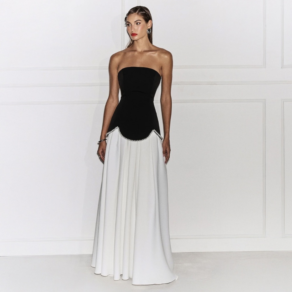 Strapless Black and White Maxi Gown